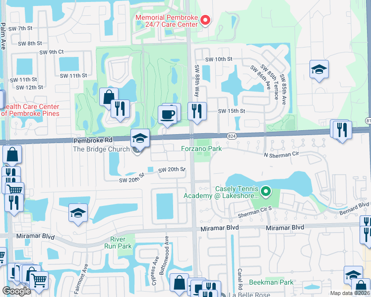 map of restaurants, bars, coffee shops, grocery stores, and more near 8903 Southwest 18th Street in Miramar