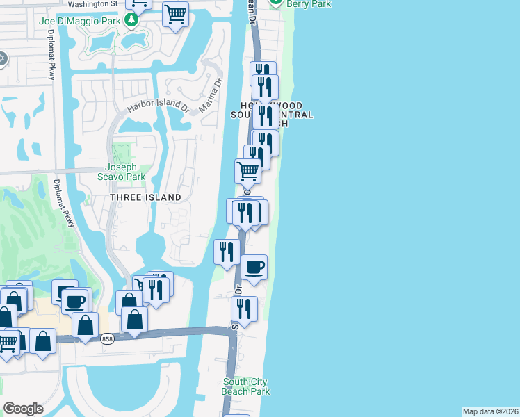 map of restaurants, bars, coffee shops, grocery stores, and more near 3301 South Ocean Drive in Hallandale Beach