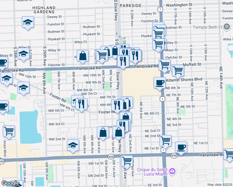 map of restaurants, bars, coffee shops, grocery stores, and more near 718 Northwest 1st Court in Hallandale Beach