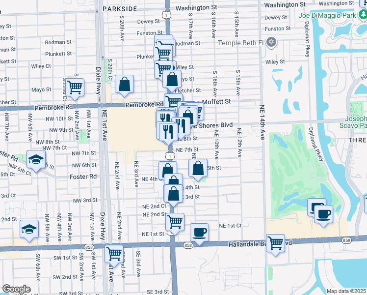 map of restaurants, bars, coffee shops, grocery stores, and more near 615 Northeast 7th Street in Hallandale Beach