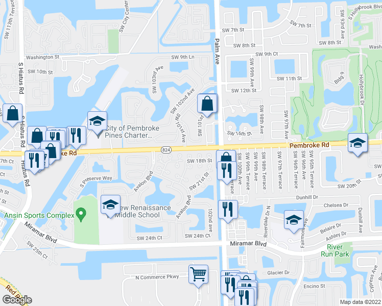 map of restaurants, bars, coffee shops, grocery stores, and more near 1809 Southwest 102th Avenue in Miramar