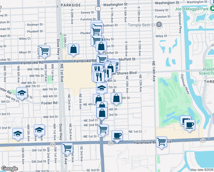 map of restaurants, bars, coffee shops, grocery stores, and more near 615 Northeast 7th Street in Hallandale Beach