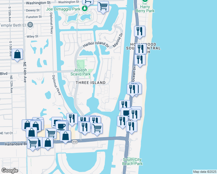map of restaurants, bars, coffee shops, grocery stores, and more near 613 Leslie Drive in Hallandale Beach