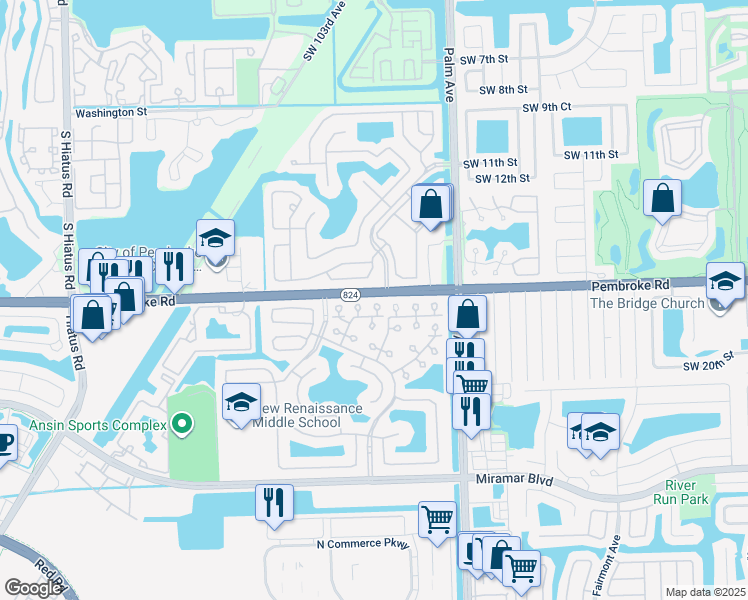 map of restaurants, bars, coffee shops, grocery stores, and more near 1839 Southwest 102nd Way in Miramar