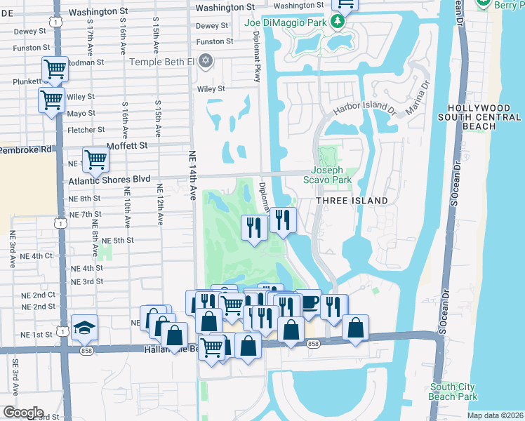 map of restaurants, bars, coffee shops, grocery stores, and more near 706 Diplomat Parkway in Hallandale Beach