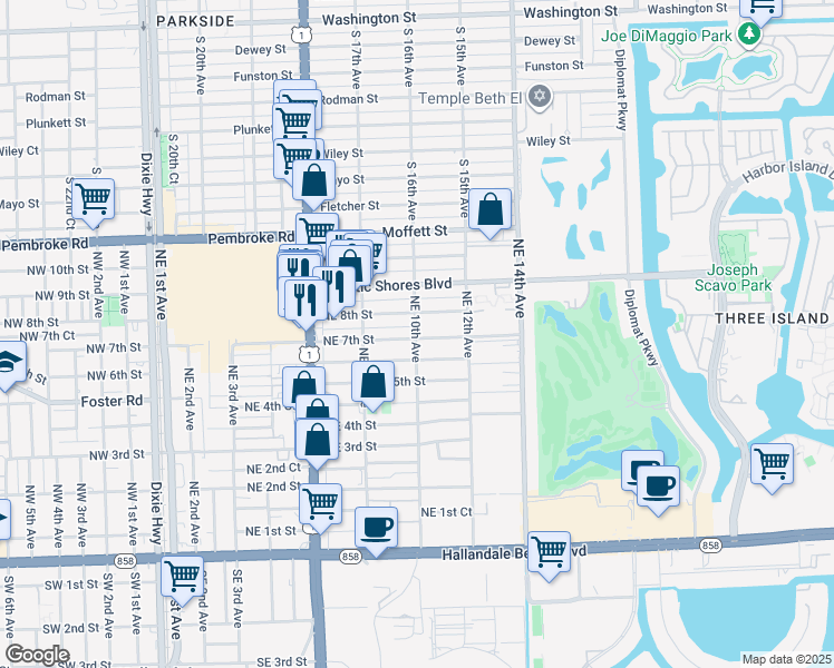 map of restaurants, bars, coffee shops, grocery stores, and more near 917 Northeast 7th Street in Hallandale Beach