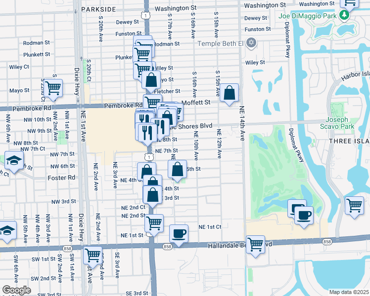 map of restaurants, bars, coffee shops, grocery stores, and more near 917 Northeast 7th Street in Hallandale Beach