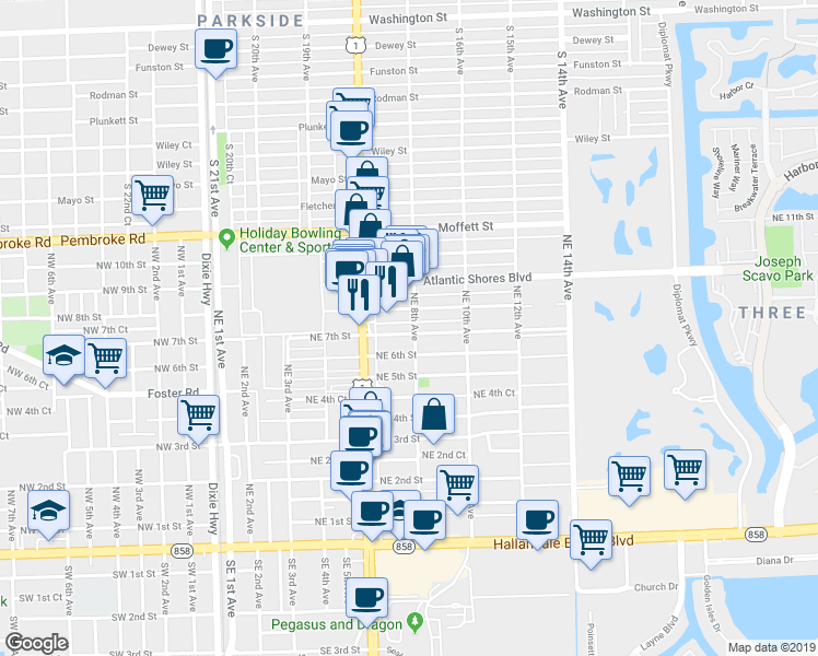 map of restaurants, bars, coffee shops, grocery stores, and more near 801 Northeast 7th Street in Hallandale Beach