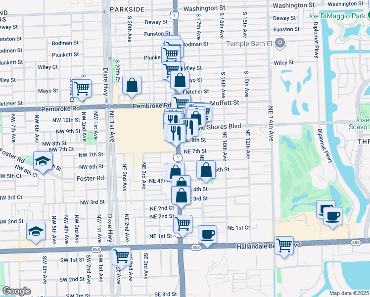 map of restaurants, bars, coffee shops, grocery stores, and more near 615 Northeast 7th Street in Hallandale Beach