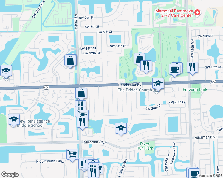 map of restaurants, bars, coffee shops, grocery stores, and more near 1700 Southwest 97th Terrace in Miramar