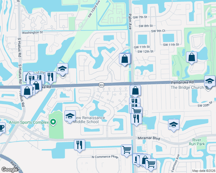 map of restaurants, bars, coffee shops, grocery stores, and more near 1839 Southwest 102nd Way in Miramar