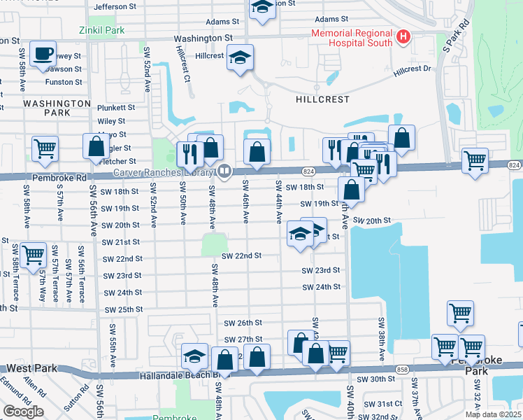 map of restaurants, bars, coffee shops, grocery stores, and more near 4500 Southwest 19th Street in West Park