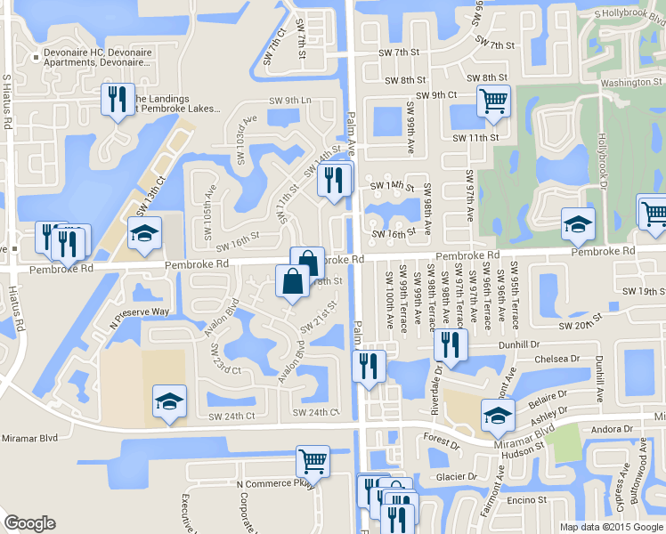 map of restaurants, bars, coffee shops, grocery stores, and more near 1704 Southwest 101st Terrace in Miramar