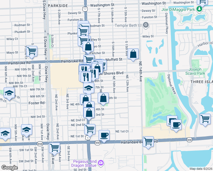 map of restaurants, bars, coffee shops, grocery stores, and more near 917 Northeast 7th Street in Hallandale Beach
