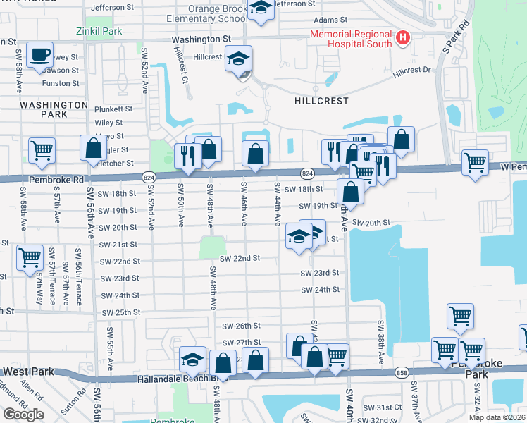 map of restaurants, bars, coffee shops, grocery stores, and more near 4500 Southwest 19th Street in West Park