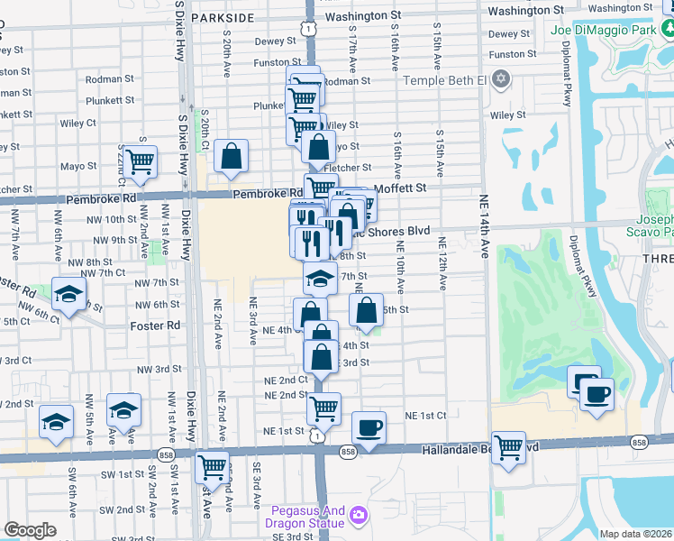 map of restaurants, bars, coffee shops, grocery stores, and more near 615 Northeast 7th Street in Hallandale Beach