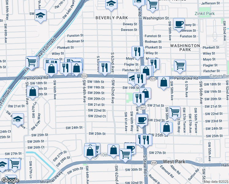 map of restaurants, bars, coffee shops, grocery stores, and more near 6137 Southwest 20th Street in Miramar