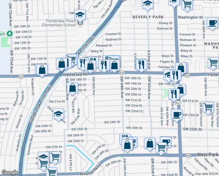 map of restaurants, bars, coffee shops, grocery stores, and more near 6445 Southwest 20th Street in Miramar