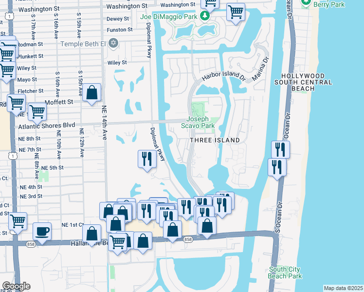 map of restaurants, bars, coffee shops, grocery stores, and more near 851 Three Islands Boulevard in Hallandale Beach