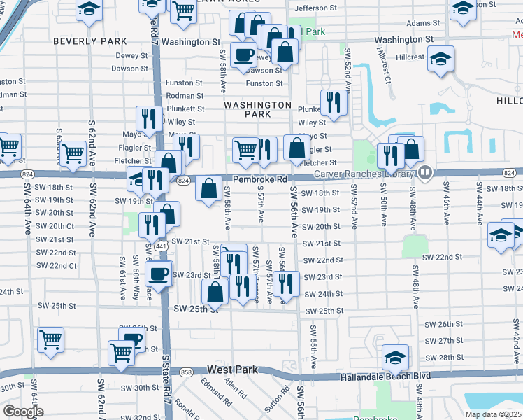 map of restaurants, bars, coffee shops, grocery stores, and more near 1851 Southwest 57th Avenue in West Park