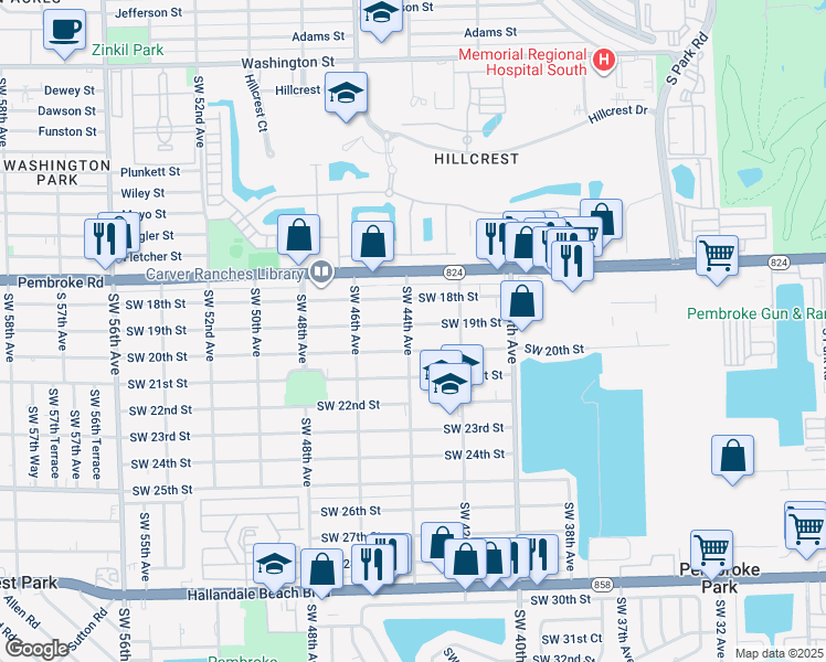 map of restaurants, bars, coffee shops, grocery stores, and more near 4340 Southwest 19th Street in West Park