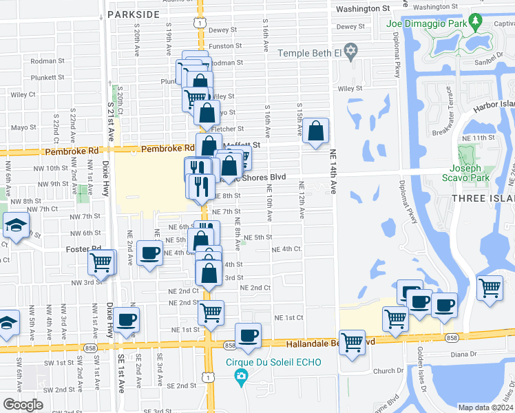 map of restaurants, bars, coffee shops, grocery stores, and more near 907 Northeast 7th Street in Hallandale Beach