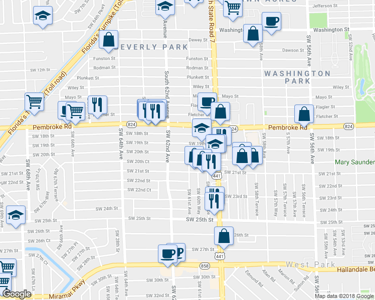 map of restaurants, bars, coffee shops, grocery stores, and more near 6101 Southwest 20th Street in Miramar