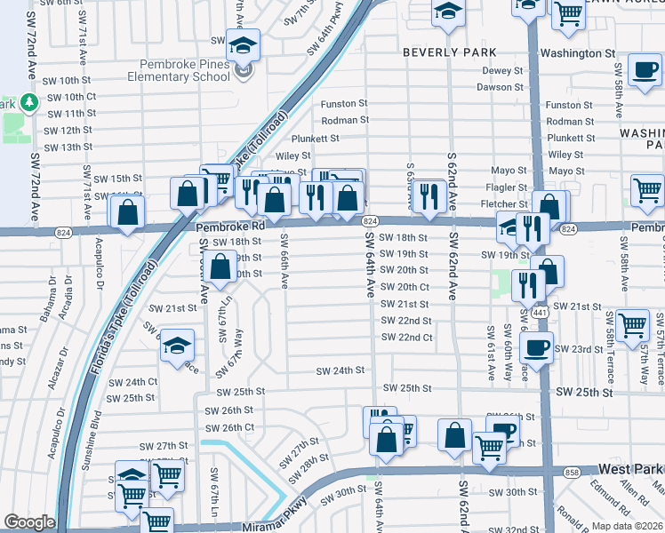 map of restaurants, bars, coffee shops, grocery stores, and more near 6445 Southwest 20th Street in Miramar