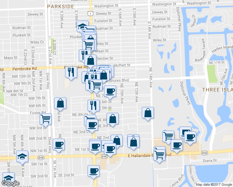map of restaurants, bars, coffee shops, grocery stores, and more near 917 Northeast 7th Street in Hallandale Beach