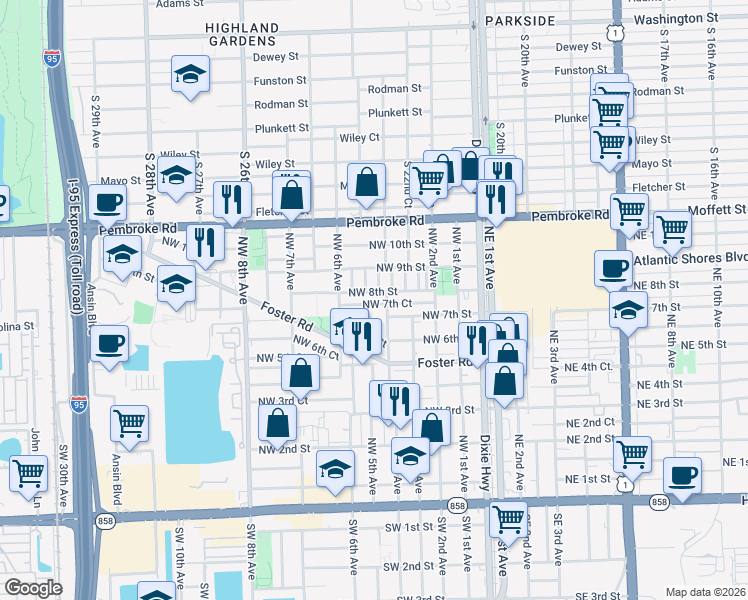 map of restaurants, bars, coffee shops, grocery stores, and more near 506 Northwest 8th Street in Hallandale Beach