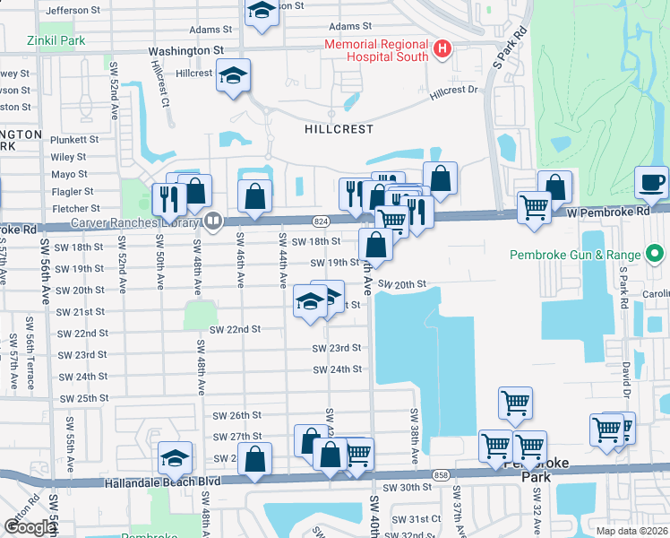 map of restaurants, bars, coffee shops, grocery stores, and more near 4200 Southwest 19th Street in West Park