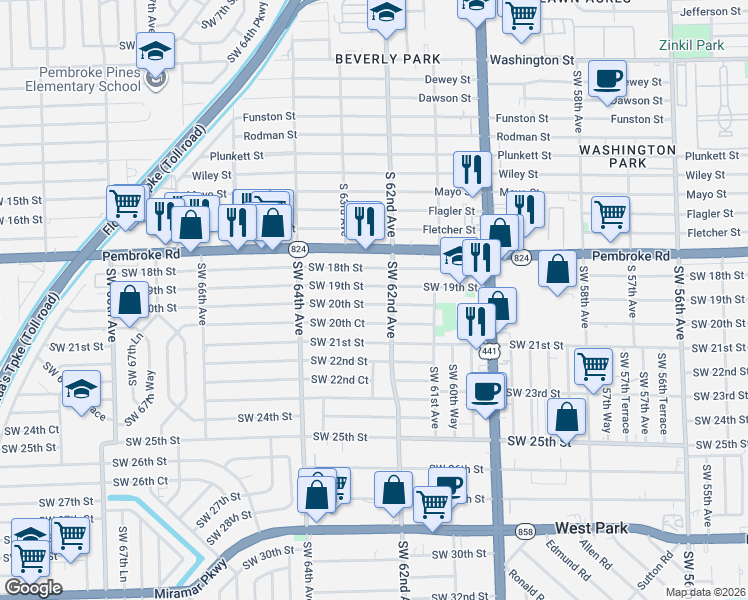 map of restaurants, bars, coffee shops, grocery stores, and more near 6225 Southwest 20th Street in Miramar