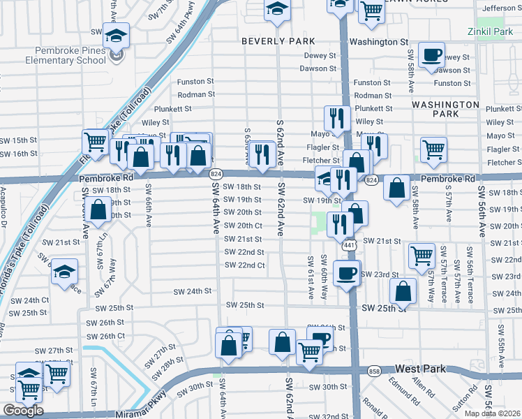 map of restaurants, bars, coffee shops, grocery stores, and more near 6225 Southwest 20th Street in Miramar