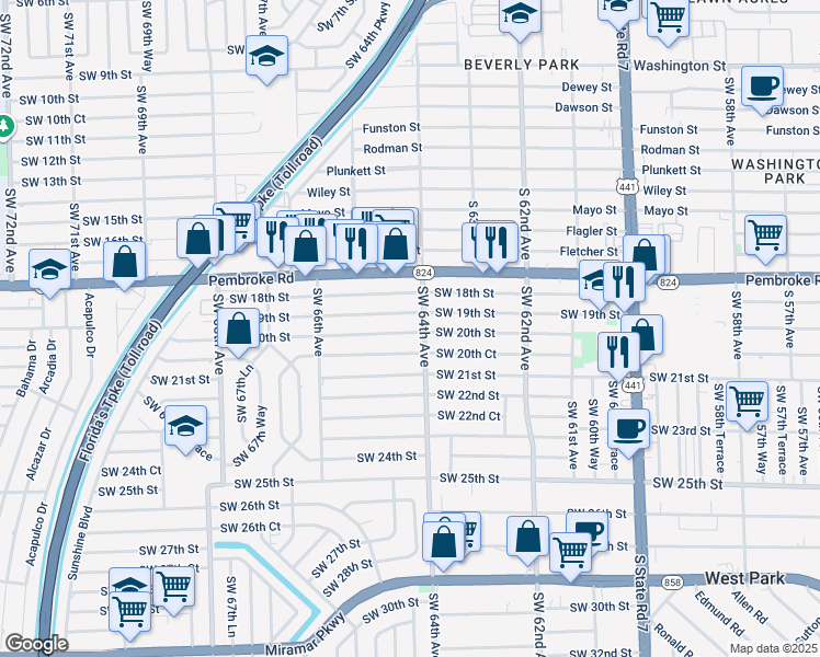 map of restaurants, bars, coffee shops, grocery stores, and more near 6405 Southwest 20th Street in Miramar
