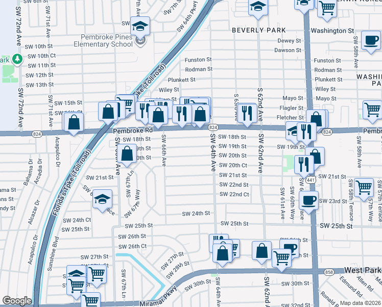 map of restaurants, bars, coffee shops, grocery stores, and more near 6445 Southwest 20th Street in Miramar