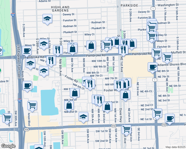map of restaurants, bars, coffee shops, grocery stores, and more near 506 Northwest 8th Street in Hallandale Beach