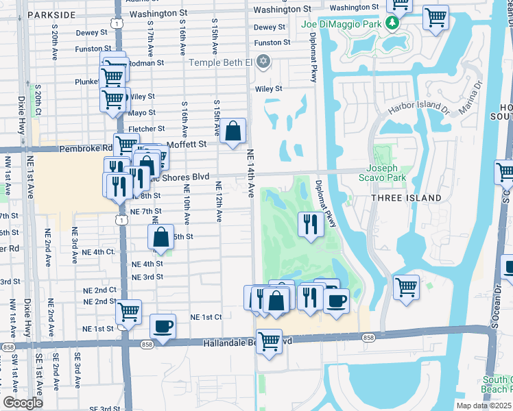 map of restaurants, bars, coffee shops, grocery stores, and more near 600 Northeast 14th Avenue in Hallandale Beach