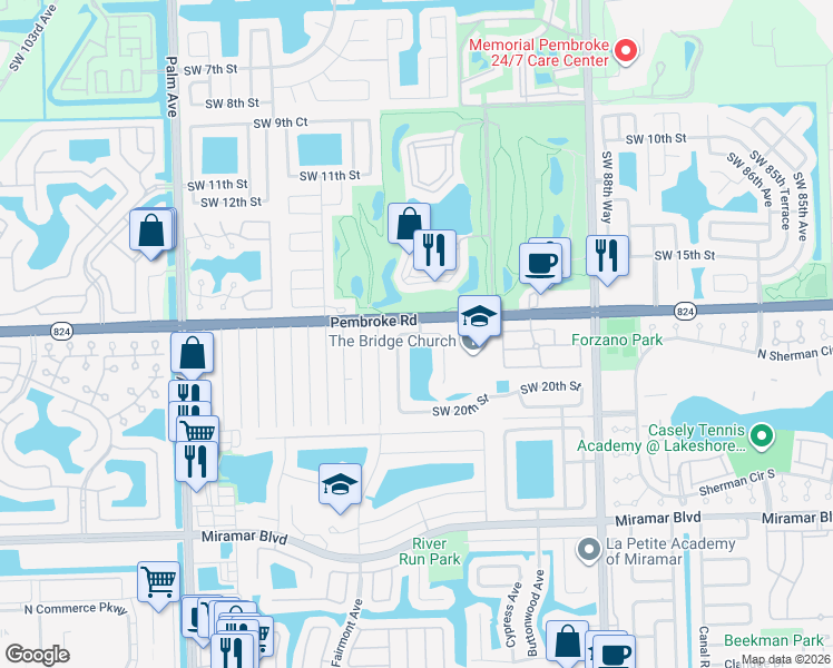 map of restaurants, bars, coffee shops, grocery stores, and more near 9419 Southwest 18th Street in Miramar