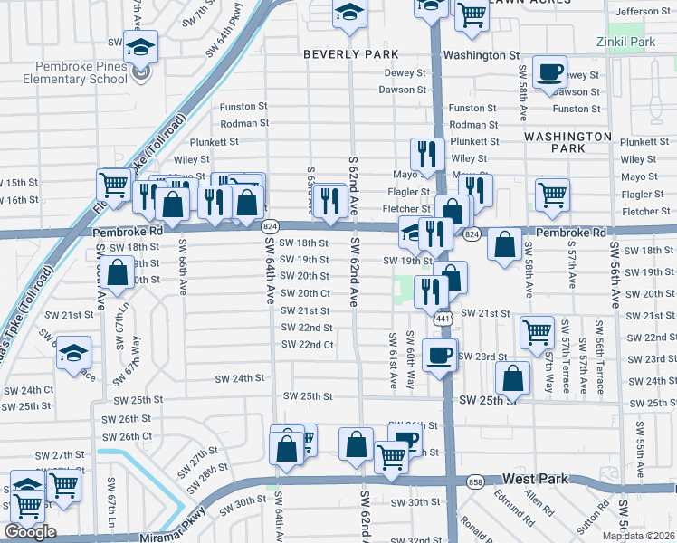 map of restaurants, bars, coffee shops, grocery stores, and more near 6225 Southwest 20th Street in Miramar