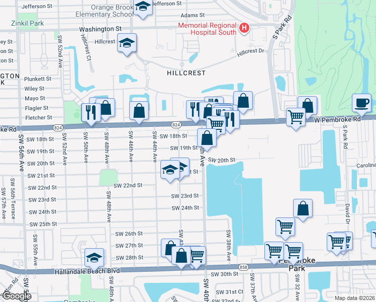 map of restaurants, bars, coffee shops, grocery stores, and more near 4024 Southwest 19th Street in West Park
