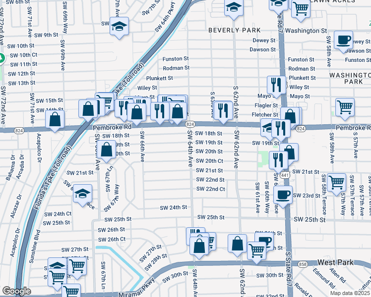 map of restaurants, bars, coffee shops, grocery stores, and more near 6405 Southwest 20th Street in Miramar