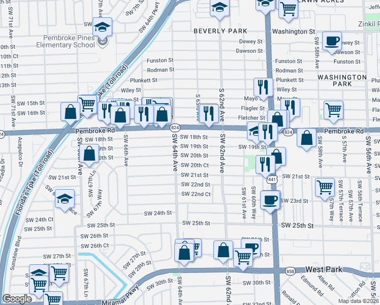 map of restaurants, bars, coffee shops, grocery stores, and more near 6315 Southwest 20th Street in Miramar