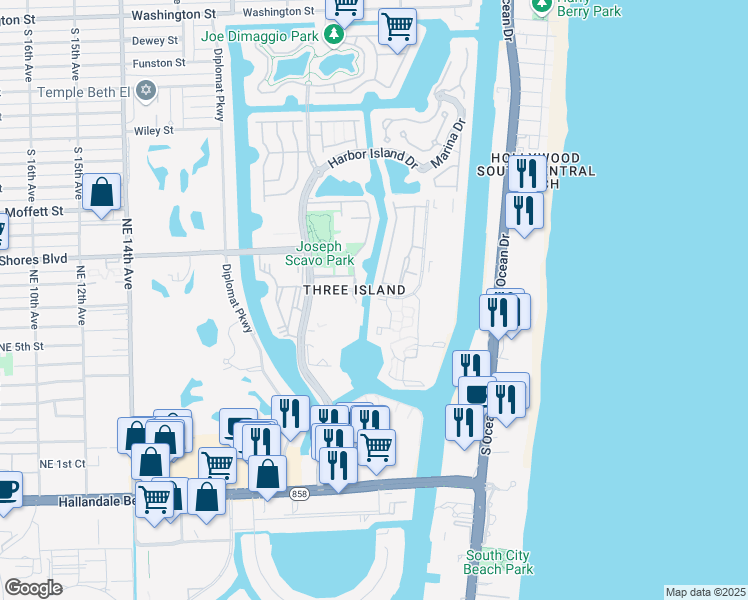 map of restaurants, bars, coffee shops, grocery stores, and more near 2601 Parkview Drive South in Hallandale Beach