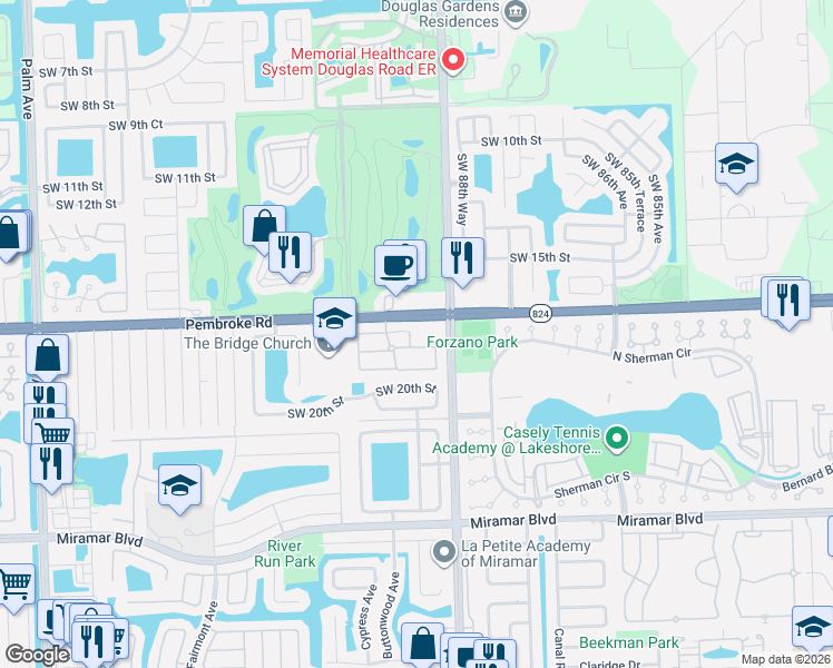 map of restaurants, bars, coffee shops, grocery stores, and more near 1750 Southwest 89th Way in Miramar