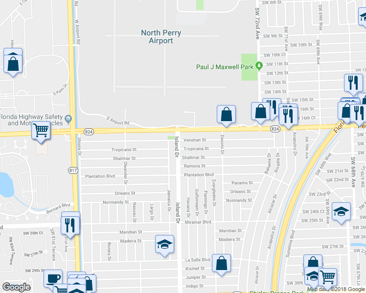 map of restaurants, bars, coffee shops, grocery stores, and more near 7681 Tropicana Street in Miramar