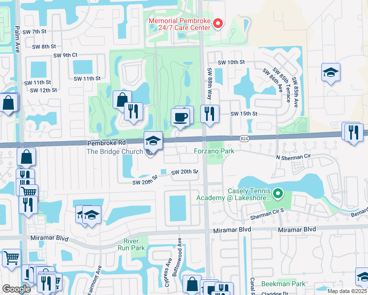 map of restaurants, bars, coffee shops, grocery stores, and more near 1750 Southwest 89th Way in Miramar