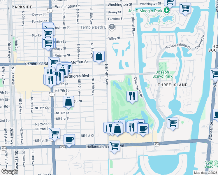 map of restaurants, bars, coffee shops, grocery stores, and more near 600 Northeast 14th Avenue in Hallandale Beach