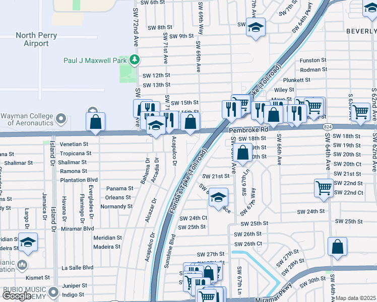 map of restaurants, bars, coffee shops, grocery stores, and more near 1900 Southwest 70th Avenue in Miramar