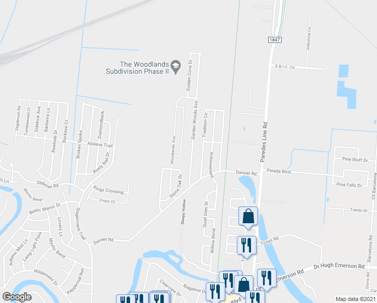 map of restaurants, bars, coffee shops, grocery stores, and more near 6649 Garden Woods Avenue in Brownsville