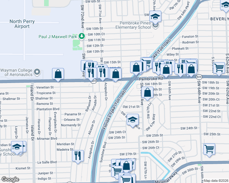 map of restaurants, bars, coffee shops, grocery stores, and more near 1900 Southwest 70th Avenue in Miramar